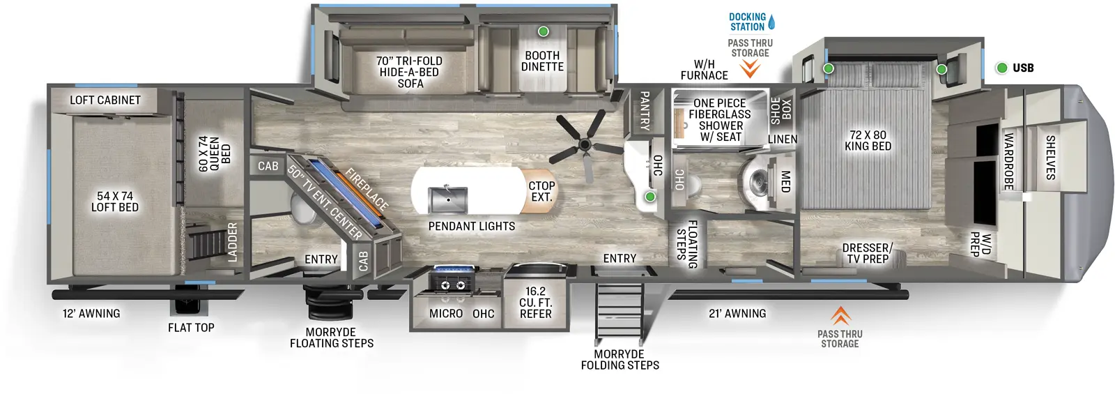 The Sandpiper Fifth Wheels 3550BH floorplan has two entries and three slide outs. Exterior features include: fiberglass exterior and 12' & 21' awning. Interiors features include: loft, kitchen island, front bedroom, rear bedroom, two bedrooms and bathroom and a half.